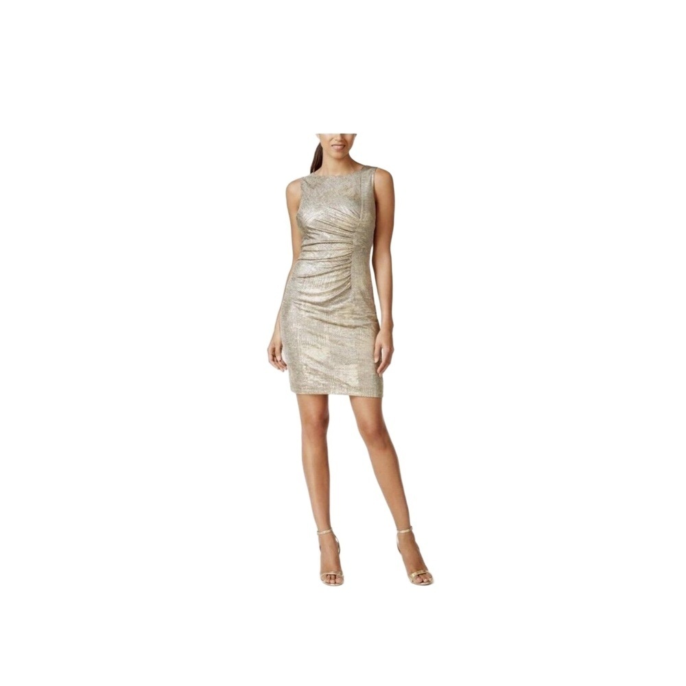 Calvin Klein Metallic Gold Ruched Dress Sleeveless Knee-Length Bodycon Size 10